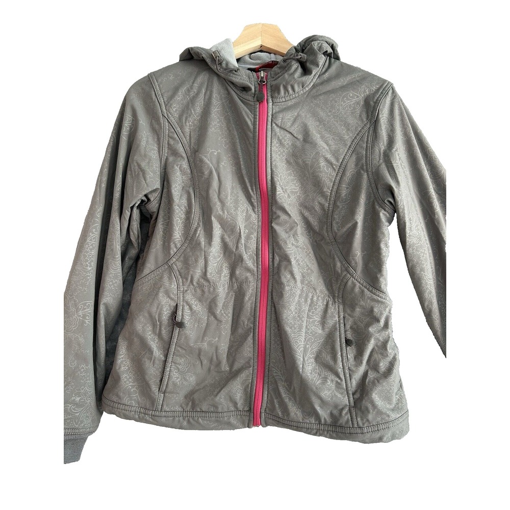 Eddie Bauer 365‎ Womens Jacket Full Zip Hooded Medium Gray Floral Embossed